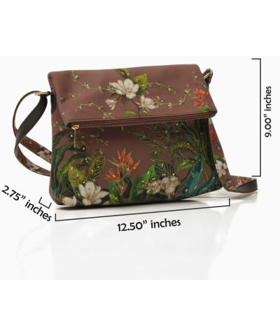 Handcraft Printed Canvas and Vegan Leather Floral Paradise Design Foldover Brown Color Sling Bag $11.25 Crossbody Bags