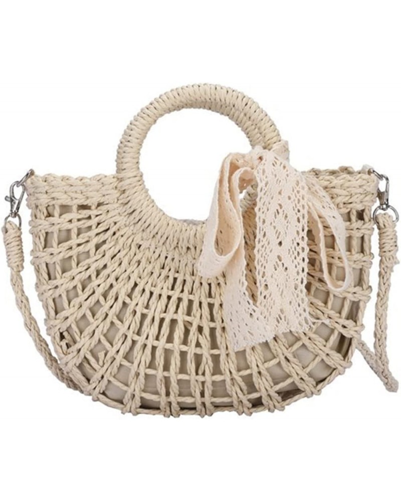 Summer Ribbon Straw Bag For Women Large Capacity Woven Handbag Vacation Seaside Beach Bag Casual Shopping Rattan Basket Beige...