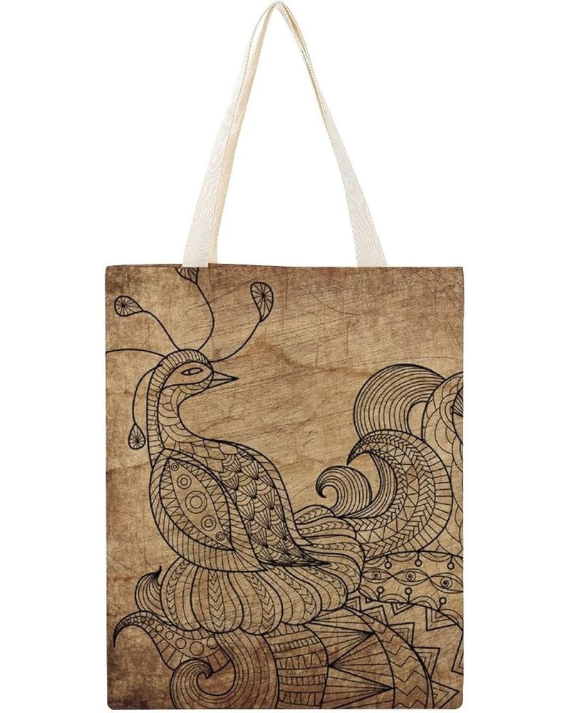 Canvas Tote Bag, Vintage Peacock Art Shopping Bag with Zipper & Handle for School Travel, Reusable Shopping Grocery Bags Styl...