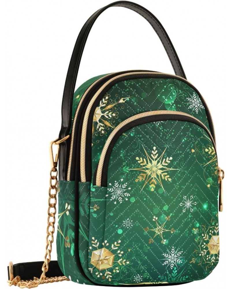 Small Crossbody Bags for Women Trendy Golden Snowflake Green Christmas Season Travel Sling Bag Women's Crossbody Handbags Sat...