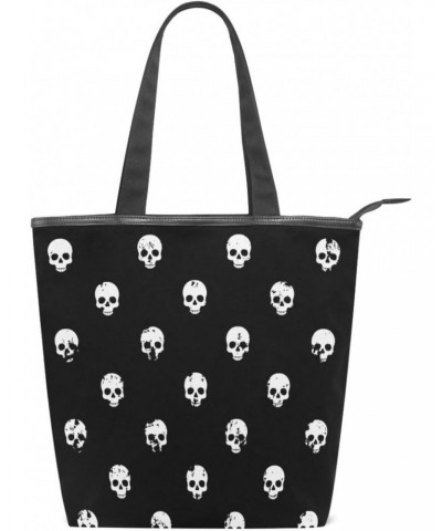 Tote Bag White Skulls Halloween Canvas Zippered Tote Handbag for Women with 2 Interior Pockets $11.72 Totes