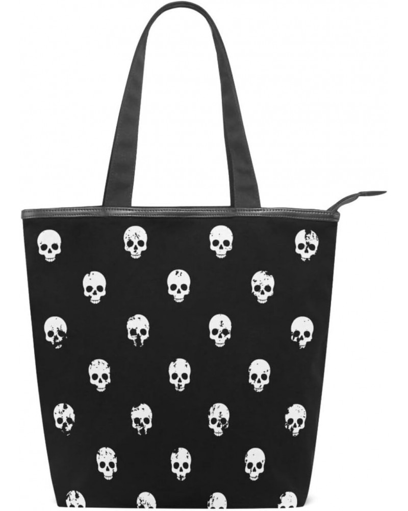 Tote Bag White Skulls Halloween Canvas Zippered Tote Handbag for Women with 2 Interior Pockets $11.72 Totes