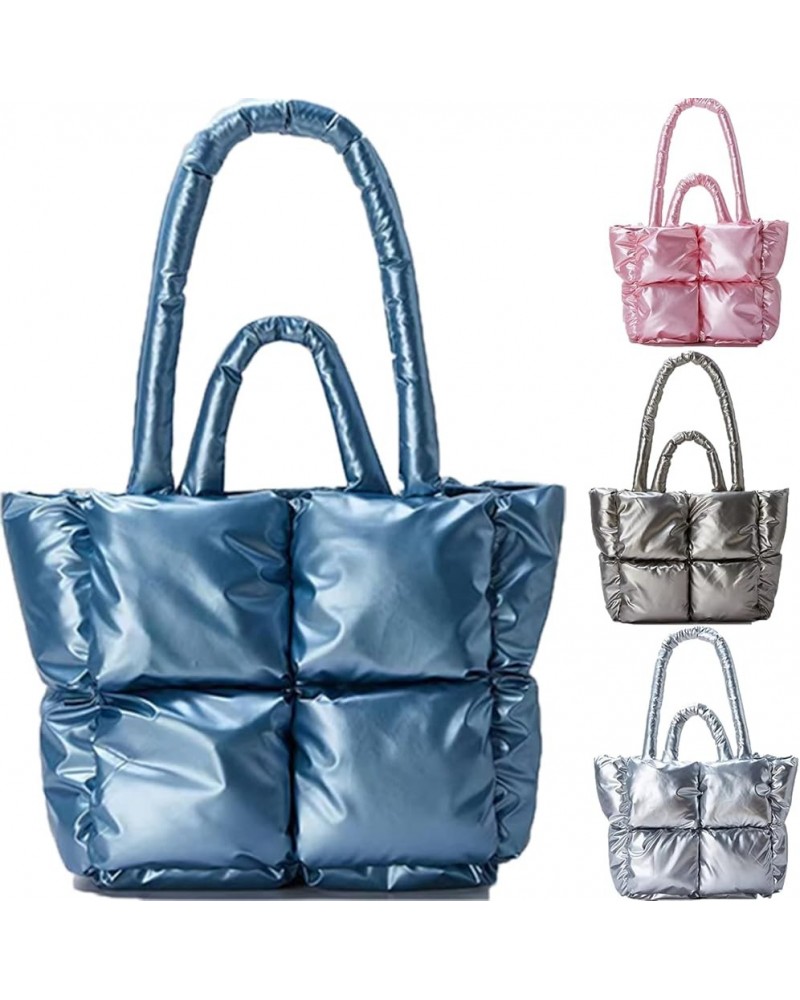 Puffer Tote Bag, Trendy Luxury Chic Quilted Large Padded Designer Handbags for Women Winter Soft Shoulder Bag Blue $26.09 Totes