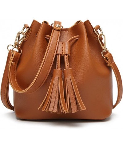 Womens Mini Bucket Bag Leather Drawstring Handbag Tassel Shoulder Purse Retro Crossbody Wallet with Adjustable Straps Brown $...