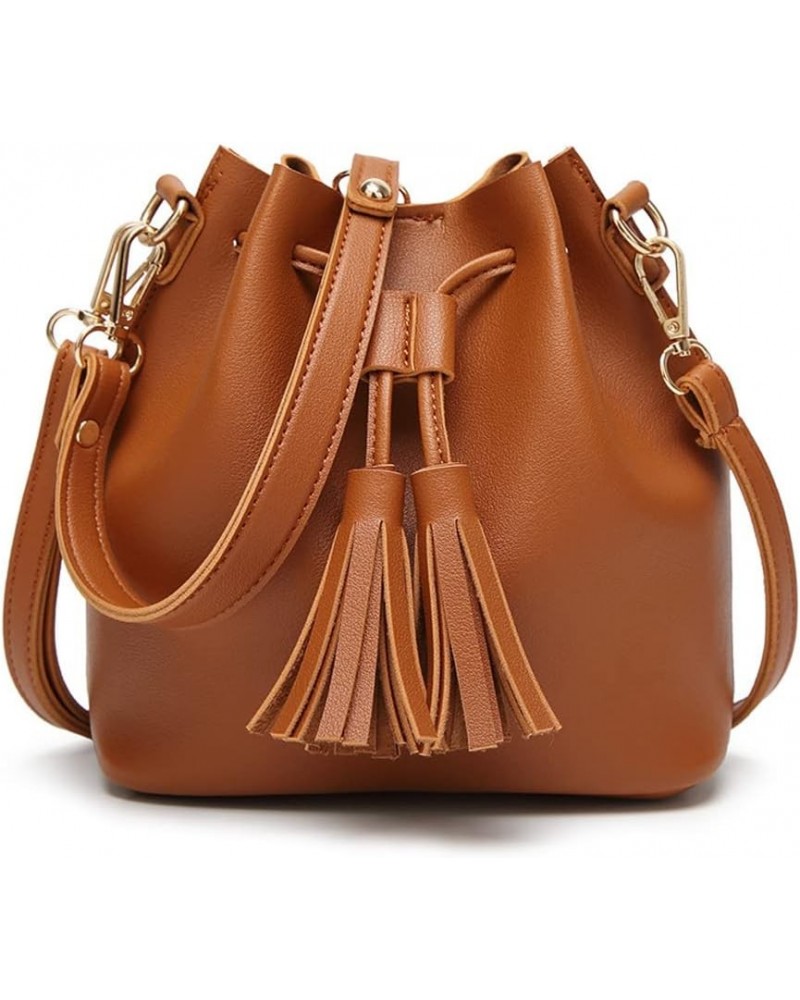 Womens Mini Bucket Bag Leather Drawstring Handbag Tassel Shoulder Purse Retro Crossbody Wallet with Adjustable Straps Brown $...