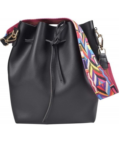 Handbag Set Women's PU Leather Drawstring Bucket Bag Crossbody Shoulder Bags Purses Set With Colorful Strap Black A-2 in 1 Bl...