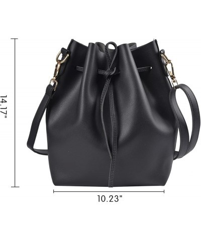 Handbag Set Women's PU Leather Drawstring Bucket Bag Crossbody Shoulder Bags Purses Set With Colorful Strap Black A-2 in 1 Bl...