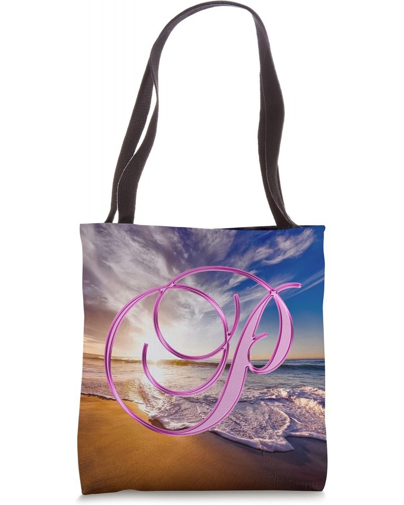 P Pink Beach Ocean Sunset Sand Wave Initial Letter Name Tote Bag $9.61 Totes