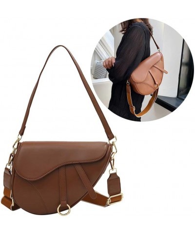 PU Leather Small Crossbody Bag Two Straps Women Stylish Satchel Bags Waterproof Saddle Shoulder Bag Solid Color Should Brown ...