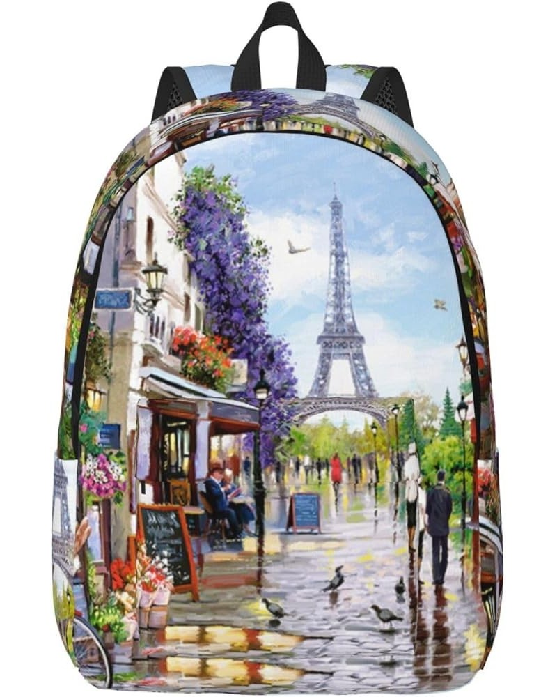 Paris Street Scene Eiffel Tower Print Unisex Canvas Backpack Cute Backpack For Travel Sports Casual Aesthetic Backpack Black ...