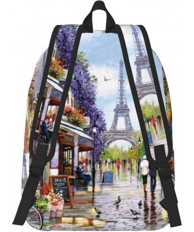 Paris Street Scene Eiffel Tower Print Unisex Canvas Backpack Cute Backpack For Travel Sports Casual Aesthetic Backpack Black ...