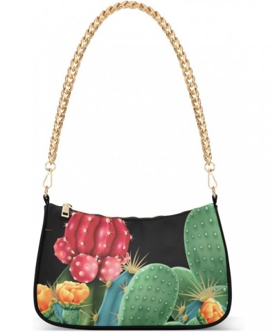 Women Chain Shoulder Purse Bag With Zipper Flowering Cacti Print, Colorful Botanical Hobo Tote Clutch Handbags with Chain Str...