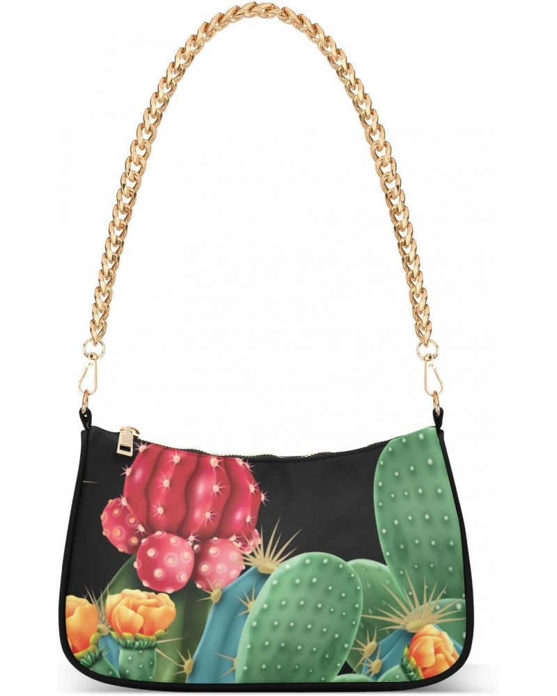 Women Chain Shoulder Purse Bag With Zipper Flowering Cacti Print, Colorful Botanical Hobo Tote Clutch Handbags with Chain Str...