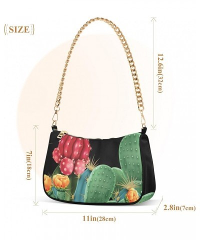 Women Chain Shoulder Purse Bag With Zipper Flowering Cacti Print, Colorful Botanical Hobo Tote Clutch Handbags with Chain Str...