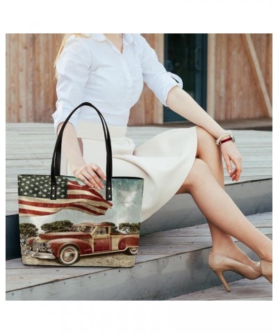 Leather Tote Bag for Women Fashion Shoulder Bag Purses and Handbags Large Capacity Satchel Bags for Work Travel American Flag...