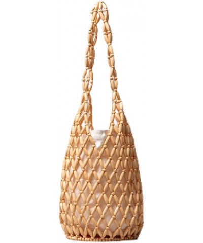 Woven bag women's summer cut-out wooden bead bag portable bucket shoulder bag Bb22010 - Beige $18.92 Shoulder Bags