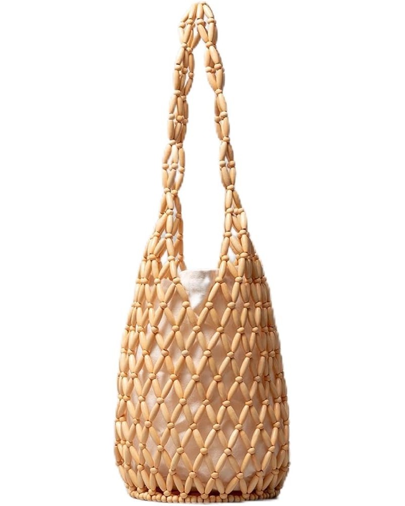 Woven bag women's summer cut-out wooden bead bag portable bucket shoulder bag Bb22010 - Beige $18.92 Shoulder Bags