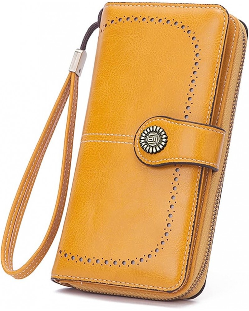 Oil Wax Leather Wallets for Women, Large Capacity Clutch, Ladies Long Purse with Wristlet (Yellow) Yellow $33.26 Totes