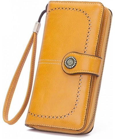 Oil Wax Leather Wallets for Women, Large Capacity Clutch, Ladies Long Purse with Wristlet (Yellow) Yellow $33.26 Totes