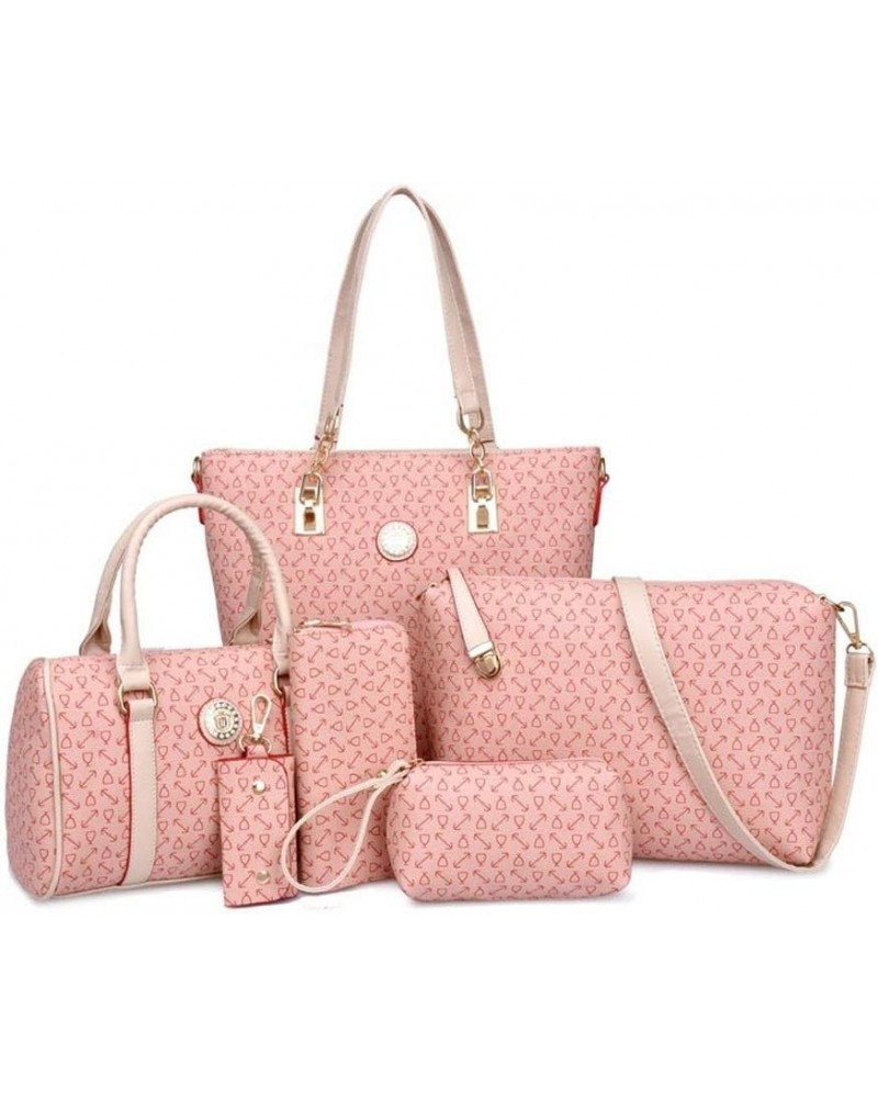 Women 6 Pcs Handbags Set PU Leather Printing Pattern Purse Sets Tote Bags Satchel Top Handle Handbag Shoulder Bag Pink $19.94...