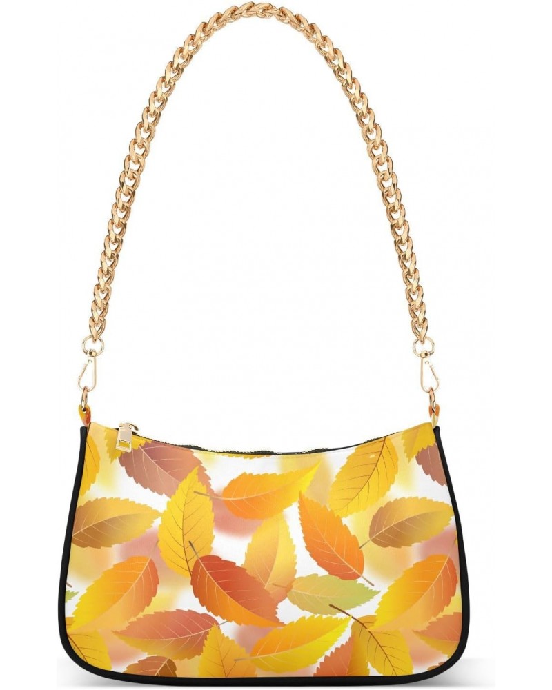 Women Chain Shoulder Purse Bag With Zipper Seamless Pattern with Autumn Maple Leaves on White Background Print, Hobo Tote Clu...