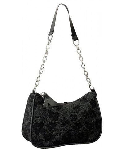 Women's Floral Pattern Chain Strap Shoulder Bags Casual Hobo Hand Bag Clutch Purse Black $10.50 Shoulder Bags