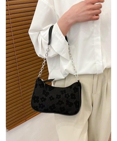 Women's Floral Pattern Chain Strap Shoulder Bags Casual Hobo Hand Bag Clutch Purse Black $10.50 Shoulder Bags