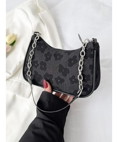 Women's Floral Pattern Chain Strap Shoulder Bags Casual Hobo Hand Bag Clutch Purse Black $10.50 Shoulder Bags