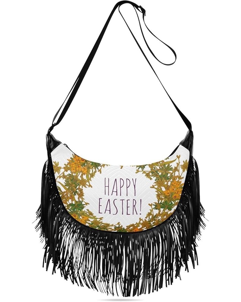 Women Fringe Tassel Cross Body Bag Orange Leaves Floral Happy Easter Leisure Shoulder Bag Color548 $14.01 Crossbody Bags