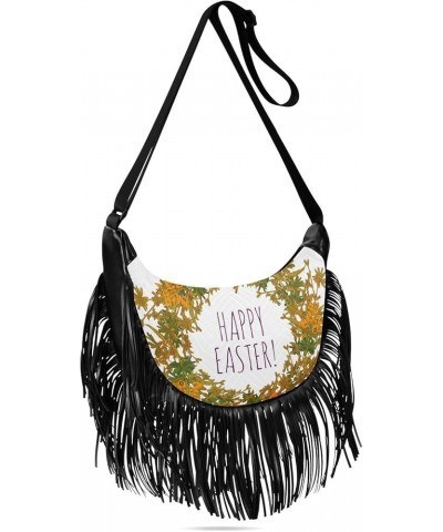 Women Fringe Tassel Cross Body Bag Orange Leaves Floral Happy Easter Leisure Shoulder Bag Color548 $14.01 Crossbody Bags