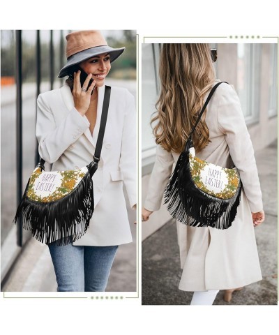 Women Fringe Tassel Cross Body Bag Orange Leaves Floral Happy Easter Leisure Shoulder Bag Color548 $14.01 Crossbody Bags