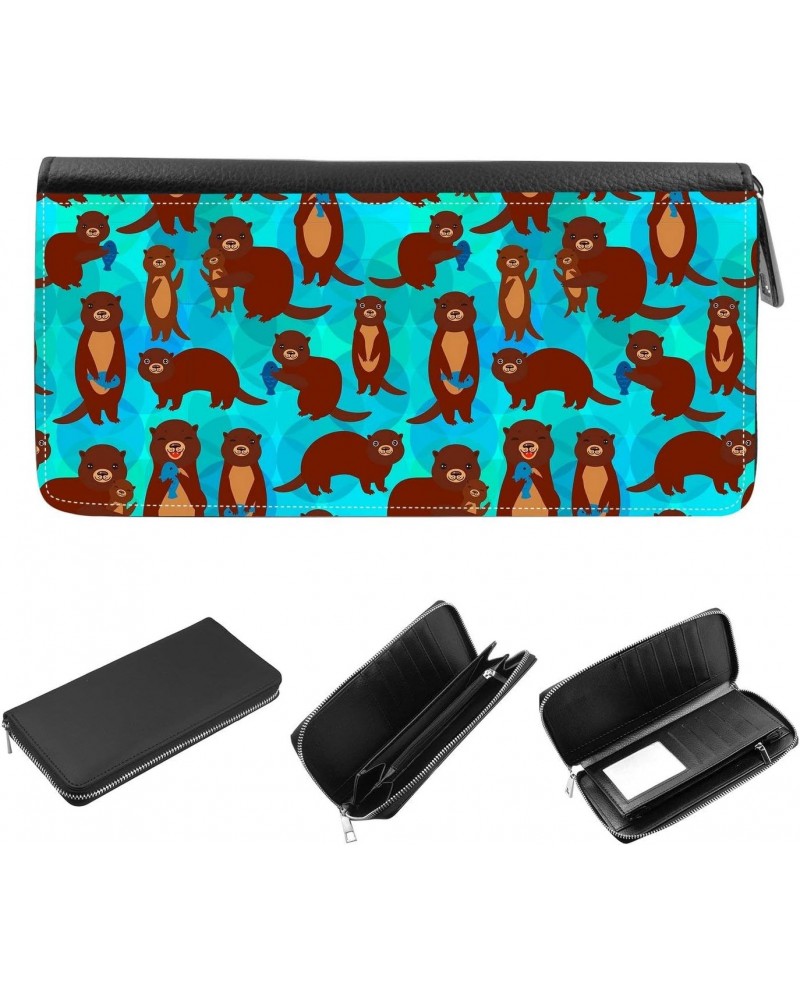 Women's Zip Around Wallet and Phone Clutch - RFID Blocking with Card Holder Organizer - Funny brown otters with fish on blue ...