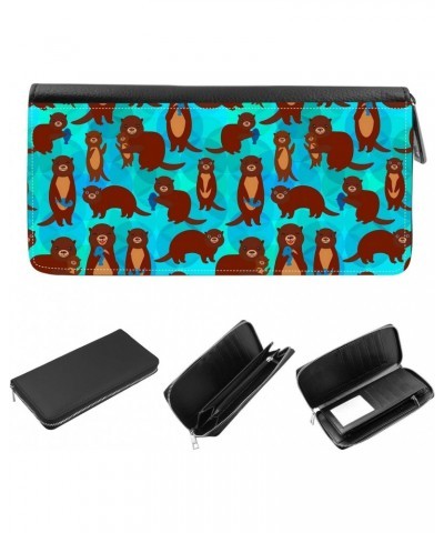 Women's Zip Around Wallet and Phone Clutch - RFID Blocking with Card Holder Organizer - Funny brown otters with fish on blue ...