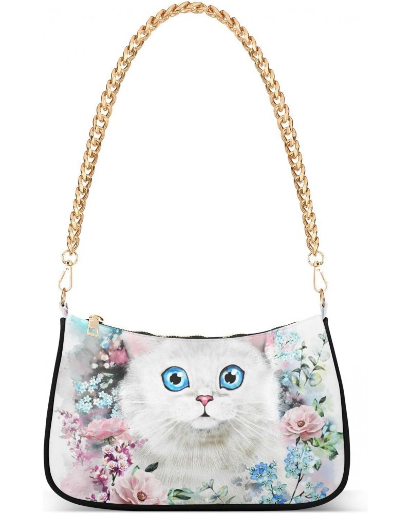 Floral Cat Fashion Quilted Crossbody Bag for Women Shoulder Evening Purse with Gold Chain & Smooth Zipper Satchel Hobo Handba...