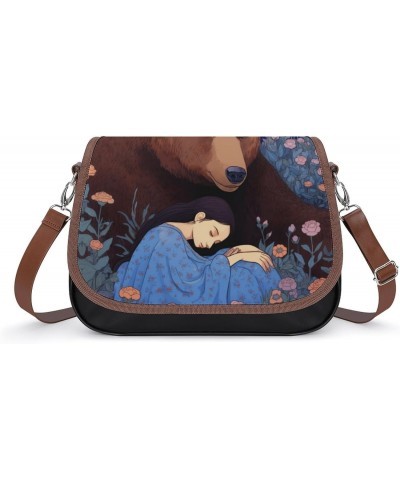 Girl Brown Bear Forest Flower Jungle Crossbody Shoulder Messenger Women Bag Pu Leather Office Work Business for Handbag Cross...