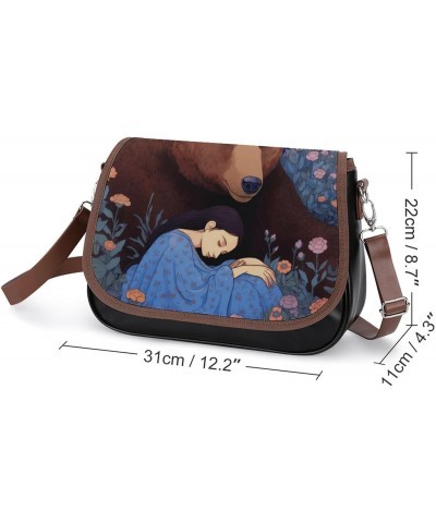 Girl Brown Bear Forest Flower Jungle Crossbody Shoulder Messenger Women Bag Pu Leather Office Work Business for Handbag Cross...