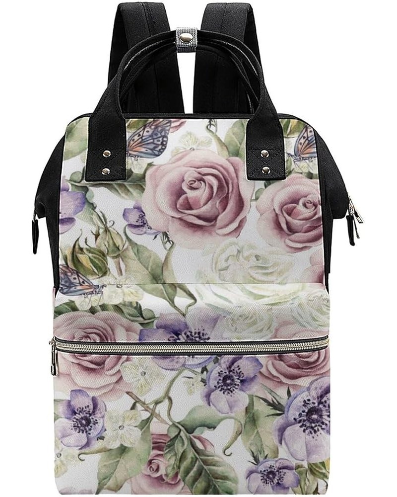 Grapes-black Travel Backpack Mommy Bag for Women, Casual Daypack Backpack, Handbag Black Pink Roses Tropical Green Leaves $25...