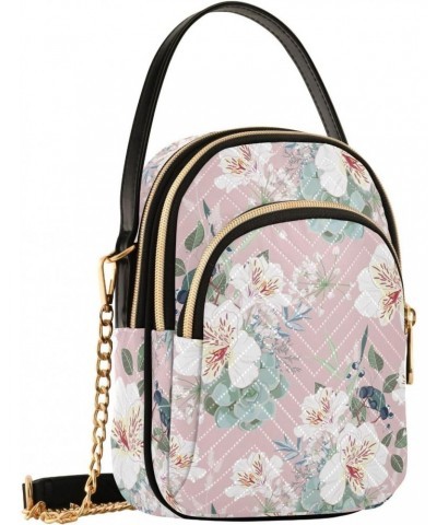 White Floral Pink on Background Quilted Crossbody Bag for Women, Small Cell Phone Bag Shoulder Handbags Purse with Leather St...