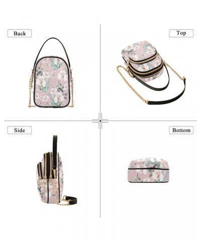 White Floral Pink on Background Quilted Crossbody Bag for Women, Small Cell Phone Bag Shoulder Handbags Purse with Leather St...