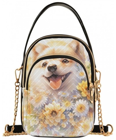 Shiba Inu Flower Sling Bags Crossbody for Women, Fashion Zipper Handbag with Chain Strap Top handle for Evening Party Dating ...