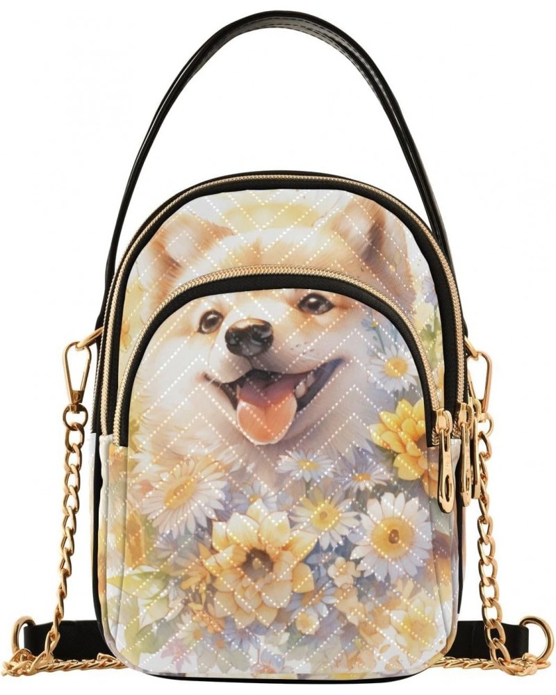 Shiba Inu Flower Sling Bags Crossbody for Women, Fashion Zipper Handbag with Chain Strap Top handle for Evening Party Dating ...