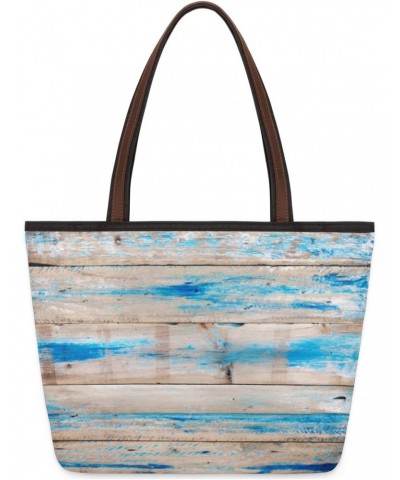 Blue Vintage Wood Beach Summer Large Tote Bag For Women Shoulder Handbags with Zippper Top Handle Satchel Bags for Shopping T...