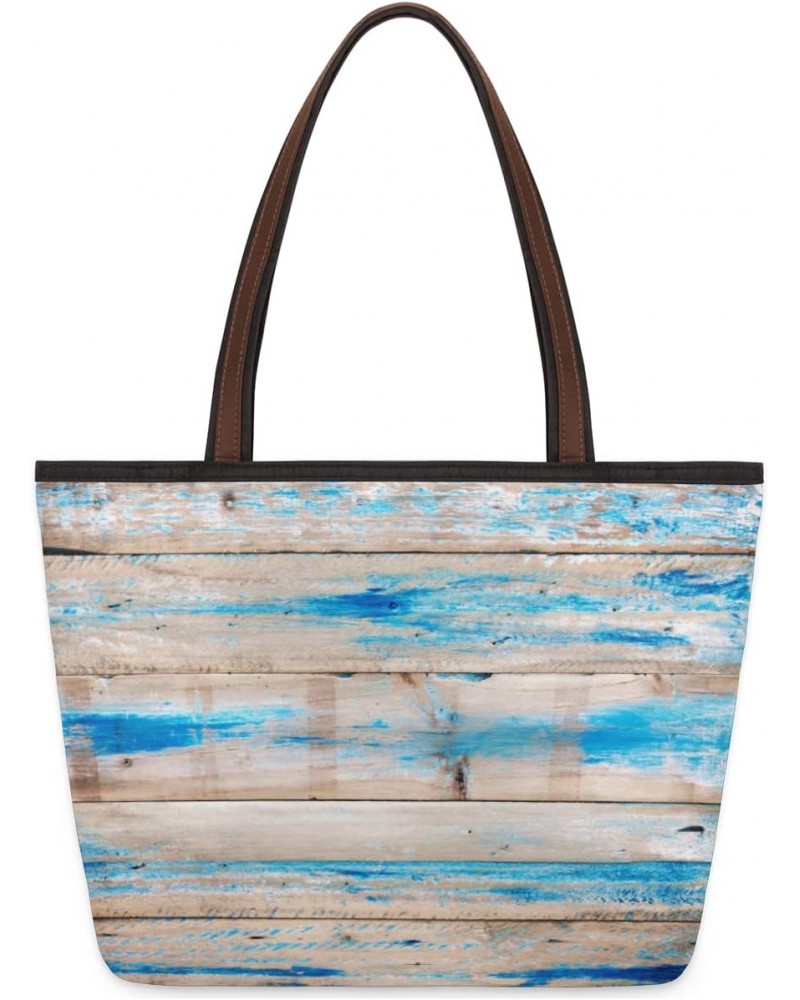 Blue Vintage Wood Beach Summer Large Tote Bag For Women Shoulder Handbags with Zippper Top Handle Satchel Bags for Shopping T...