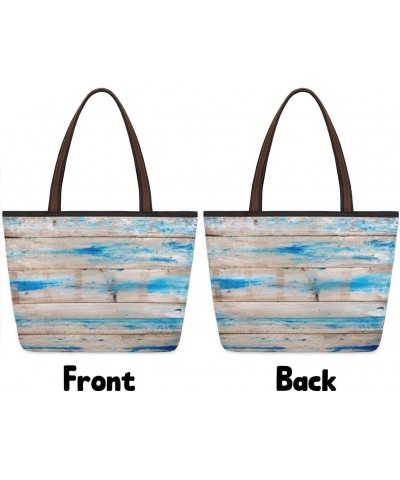 Blue Vintage Wood Beach Summer Large Tote Bag For Women Shoulder Handbags with Zippper Top Handle Satchel Bags for Shopping T...