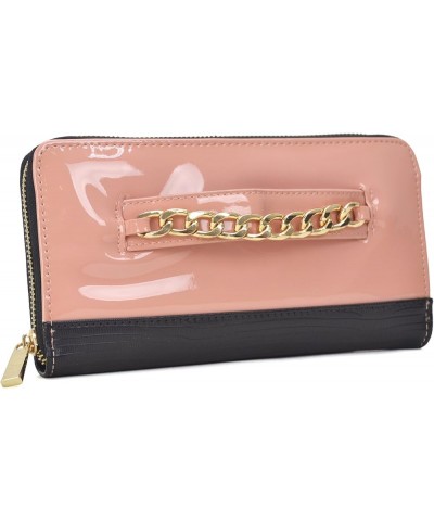 Gold Tone Chain Vegan Leather Zip Around Wallet Credit Card Purse - 12 Card Slots (8005-C-Pink) 8005 Pink $10.00 Wallets