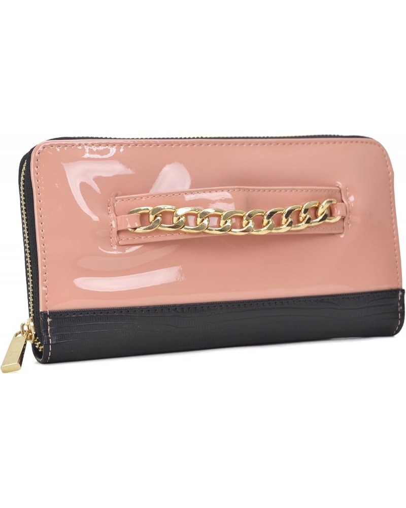 Gold Tone Chain Vegan Leather Zip Around Wallet Credit Card Purse - 12 Card Slots (8005-C-Pink) 8005 Pink $10.00 Wallets