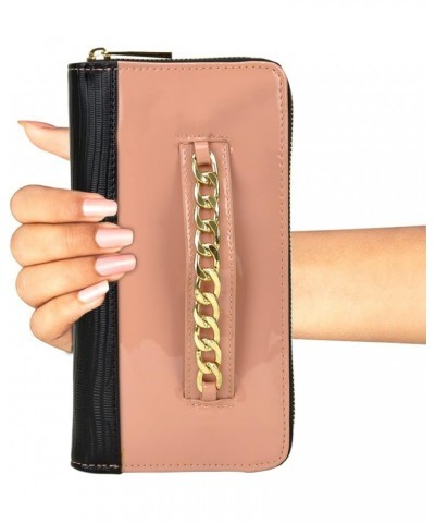 Gold Tone Chain Vegan Leather Zip Around Wallet Credit Card Purse - 12 Card Slots (8005-C-Pink) 8005 Pink $10.00 Wallets