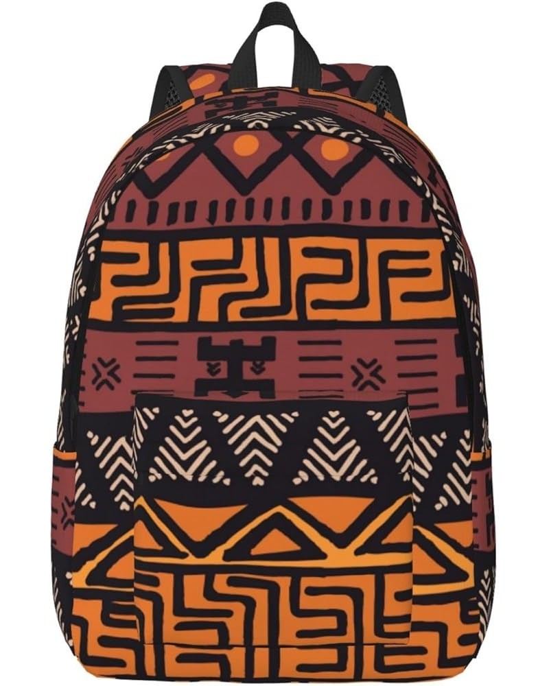 African Mud Cloth Tribal Print Casual Double Shoulder Daypack,Anti-Theft Travel Canvas Backpack For Men And Women Black Mediu...