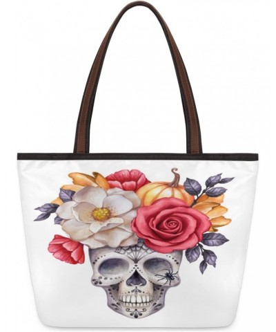 Skull Flowers Pumpkin Large Tote Bag For Women Shoulder Handbags with Zippper Top Handle Satchel Bags for Shopping Travel Gym...