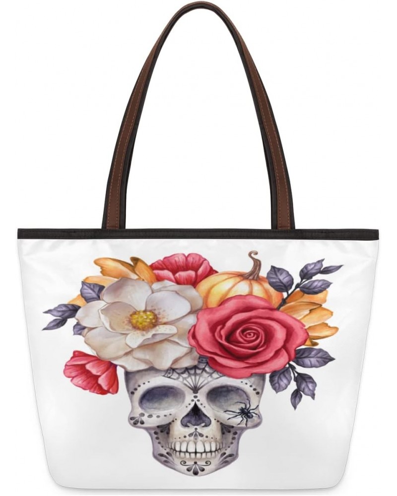 Skull Flowers Pumpkin Large Tote Bag For Women Shoulder Handbags with Zippper Top Handle Satchel Bags for Shopping Travel Gym...